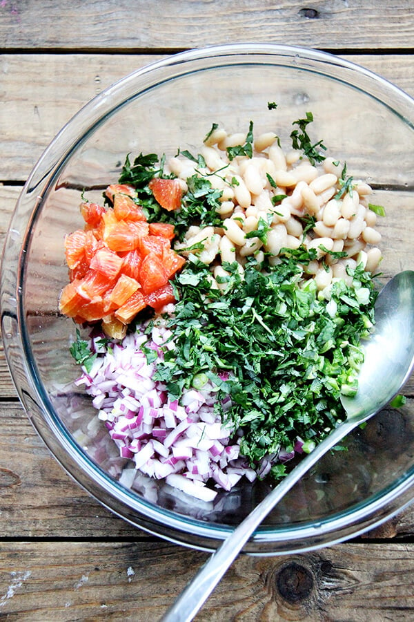 White bean salsa ingredients in a bowl.