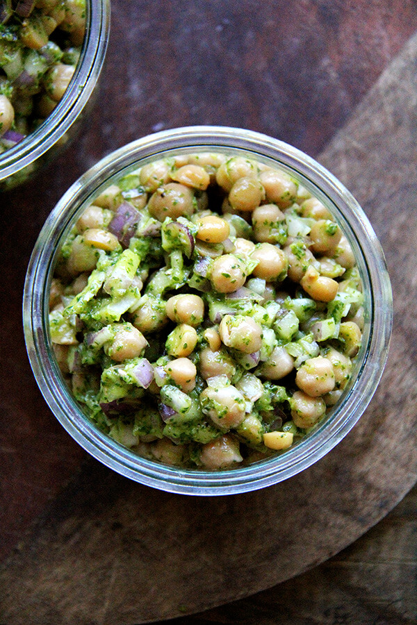 A jar of cilantro-lime chickpeas.