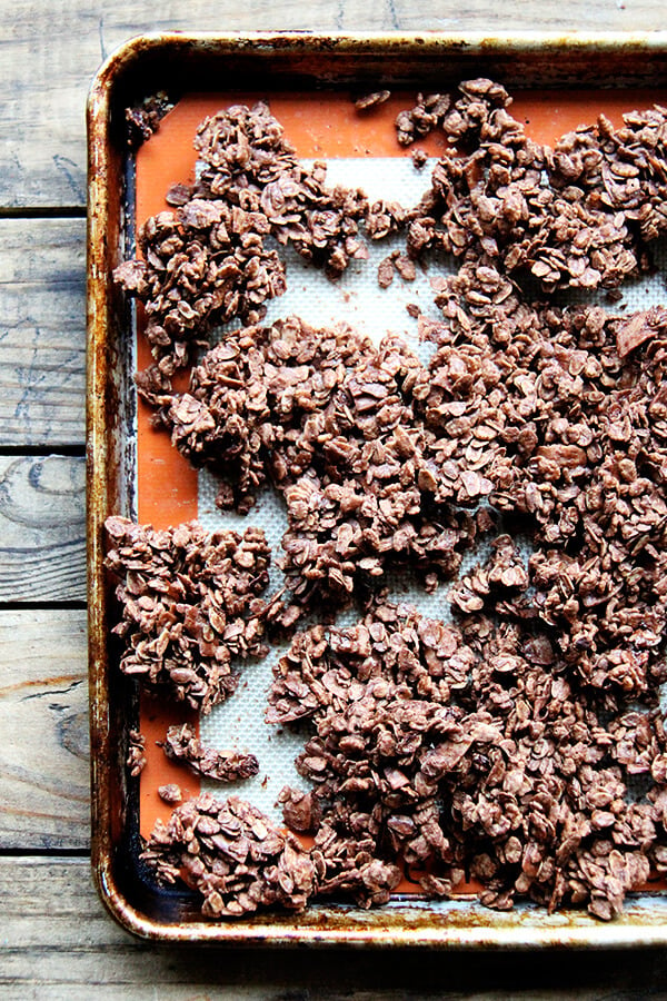 A sheet pan of homemade cocoa crunch.