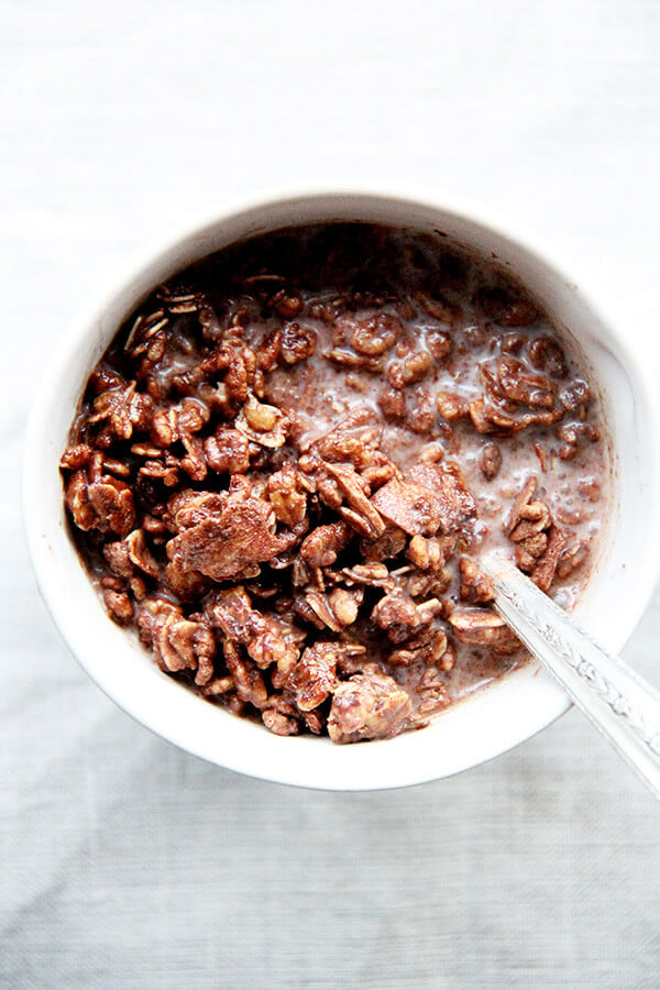 A bowl of homemade cocoa crunch with milk. 