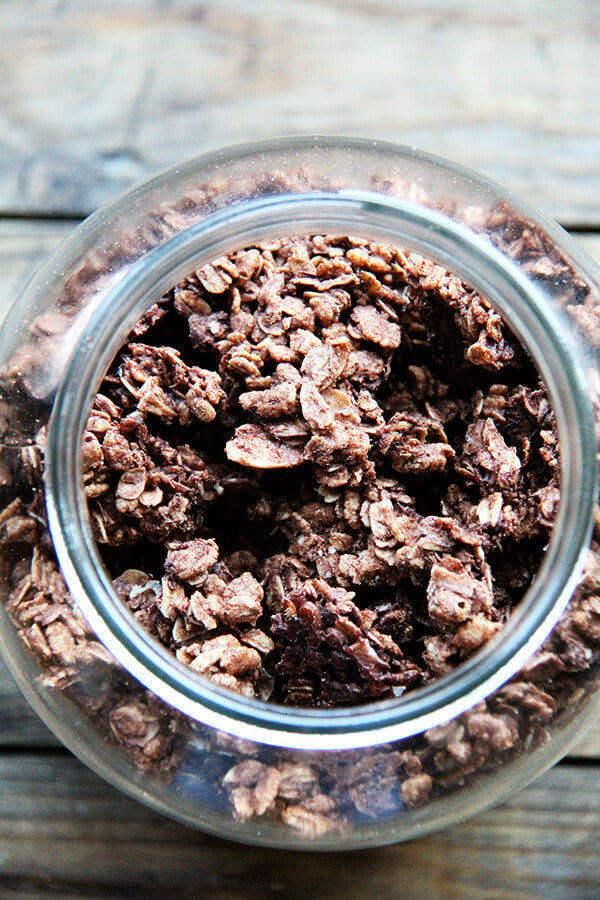 A jar of homemade cocoa crunch. 