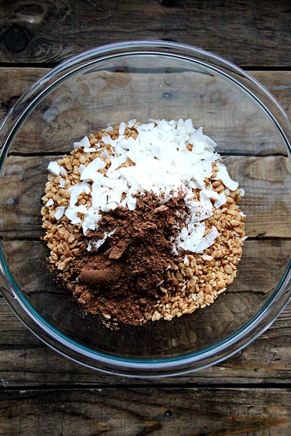 The ingredients for cocoa crunch in a bowl. 