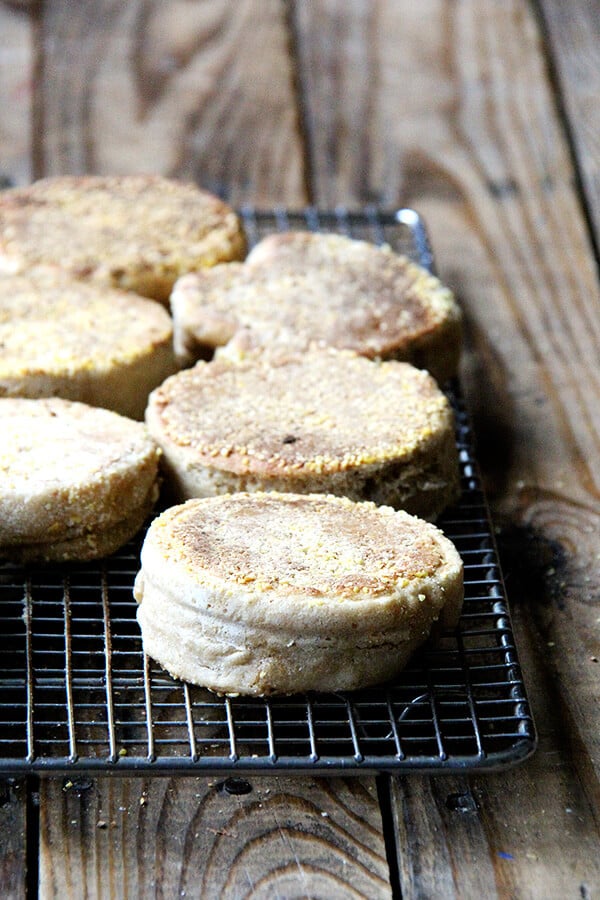 Just-baked English muffins on a cooling rack. 