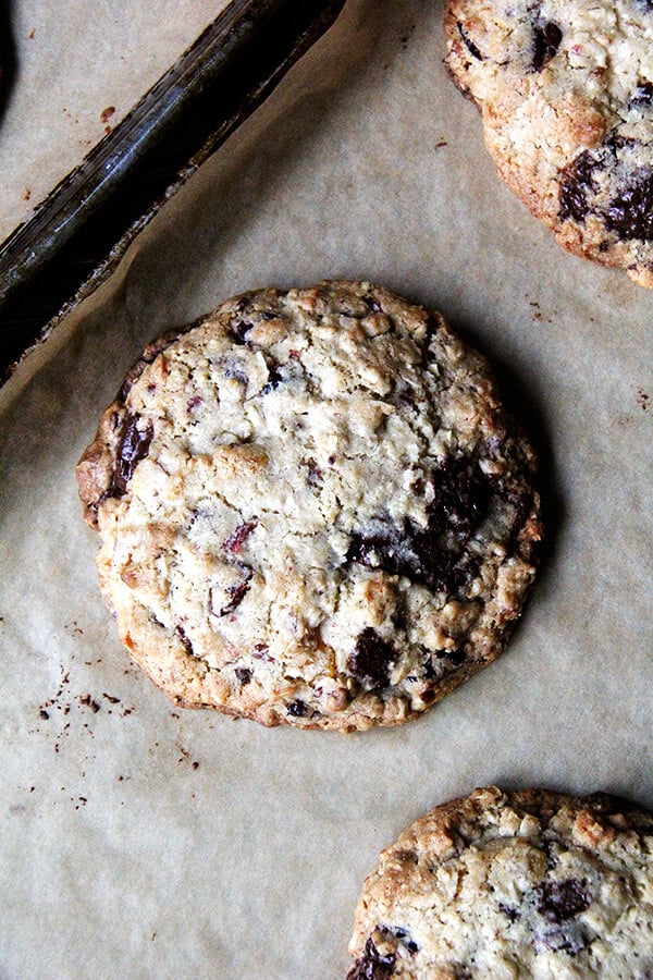 These giant chocolate chip cookies will put to use the many odd bags of nuts, dried fruit, chocolate chips, oats, and coconut flakes cluttering the cupboards. One that might just feed the neighborhood or sustain the kids for hours on a summer camping trip. // alexandracooks.com