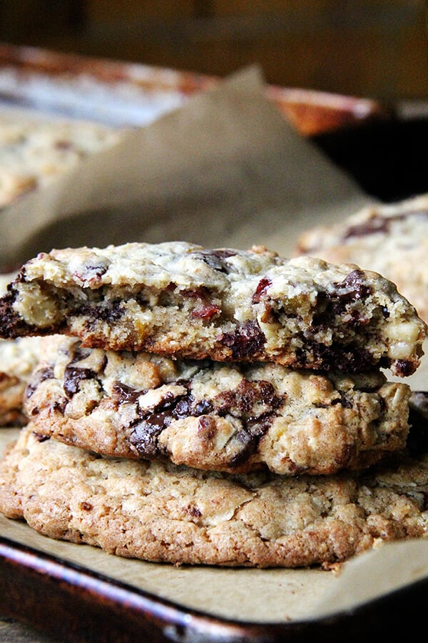 These giant chocolate chip cookies will put to use the many odd bags of nuts, dried fruit, chocolate chips, oats, and coconut flakes cluttering the cupboards. One that might just feed the neighborhood or sustain the kids for hours on a summer camping trip. // alexandracooks.com