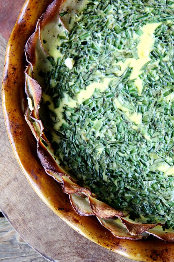 In any incarnation — made in its entirety with a flaky, buttery pastry shell or without a crust altogether and loaded with kale — the Tartine quiche is a treat. But this latest variation, which is just slightly more work than its crustless predecessor, may be my favorite yet. The potato crust is so tasty, so pretty, and, if you own a mandoline, easy to assemble, too. // alexandracooks.com