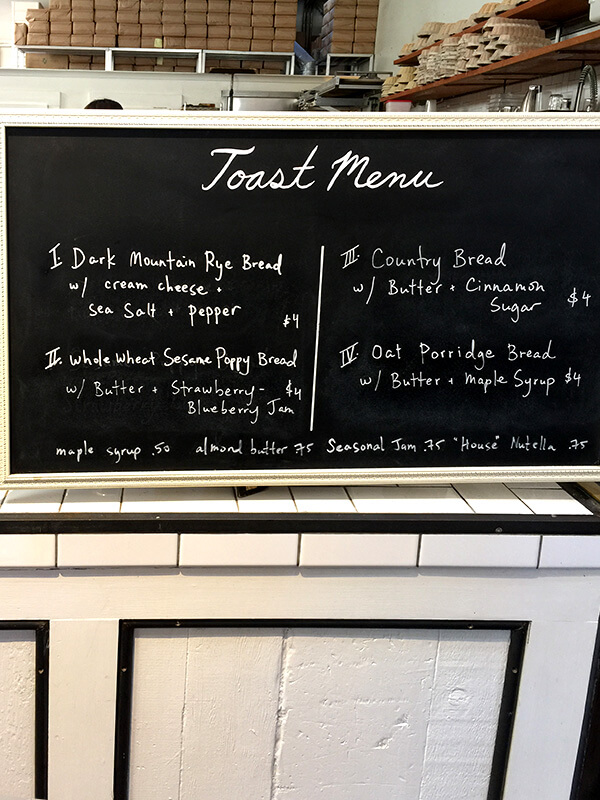 Toast menu at The Mill, San Francisco