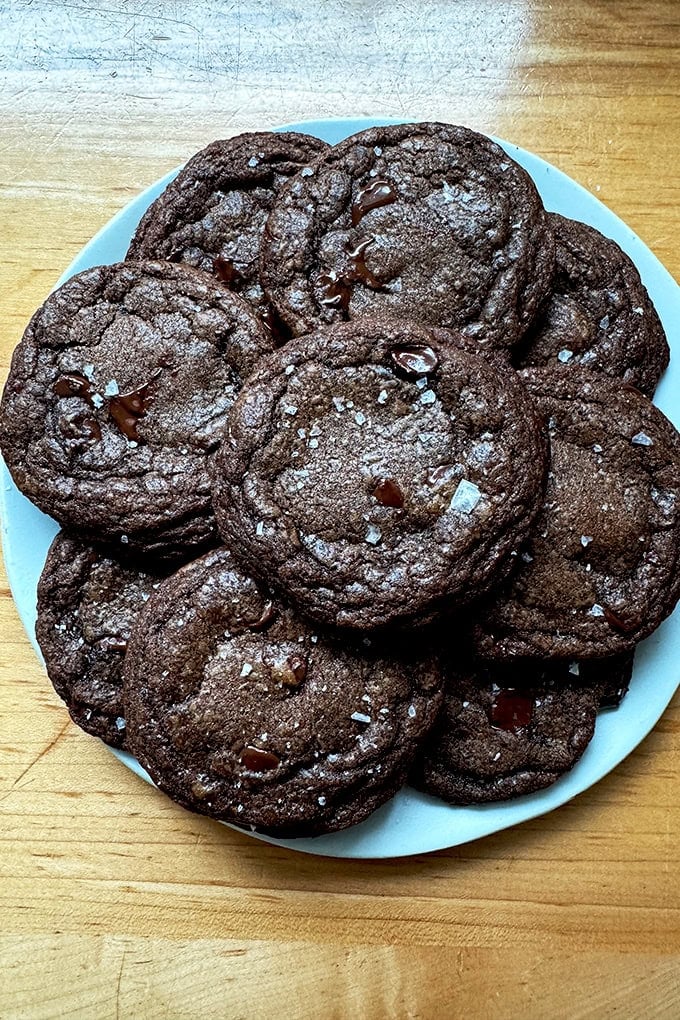 Double chocolate espresso cookies on a plate.