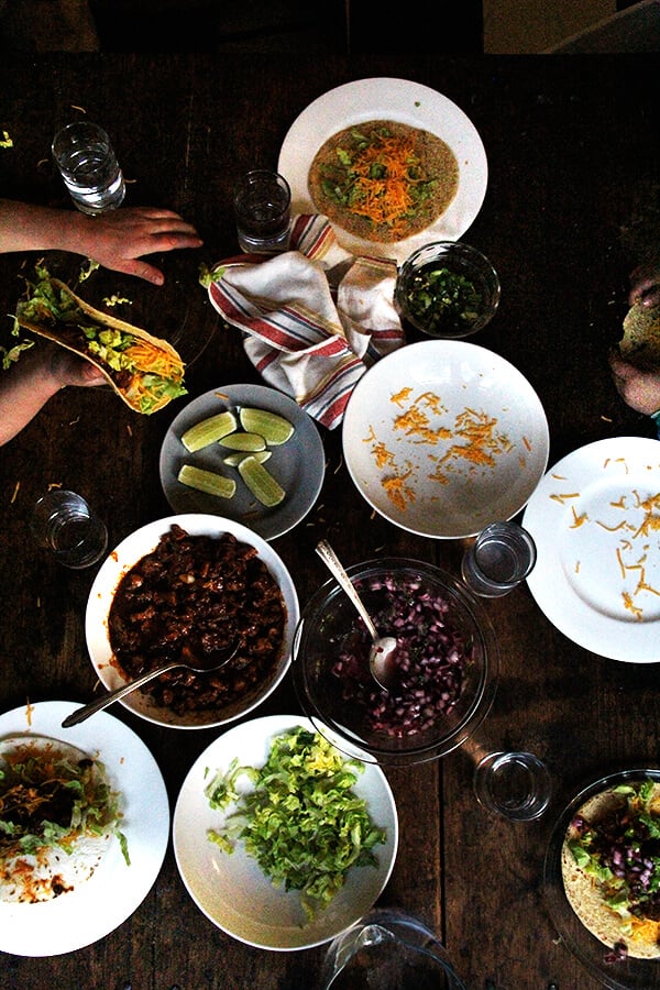 Overhead shot of the taco Tuesday dinner table.
