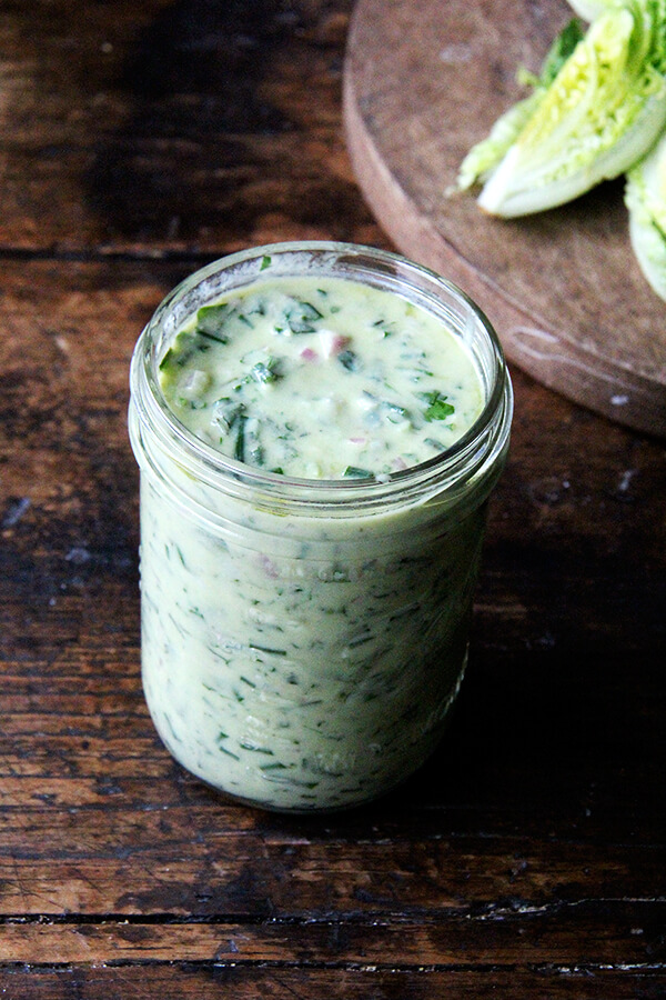 This green goddess dressing defies convention, omitting mayonnaise and sour cream in favor of olive oil and heavy cream (just a little). Many herbs can be used, but I love it when the predominant flavor is tarragon. // alexandracooks.com