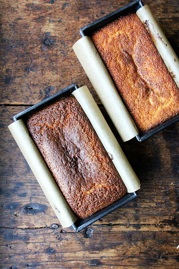 Two loaf pans of freshly baked lemon-semolina cake. 