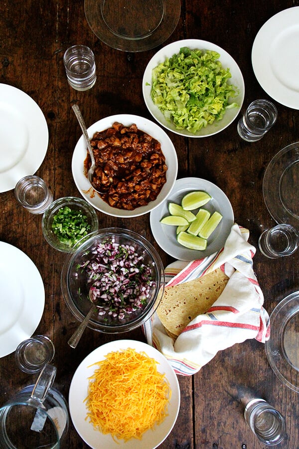 An overhead shot of the dinner table set for taco night. 