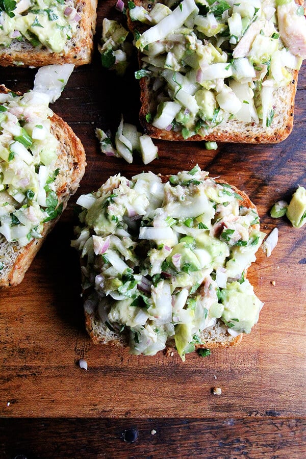 avocado and smoked trout toasts, up close