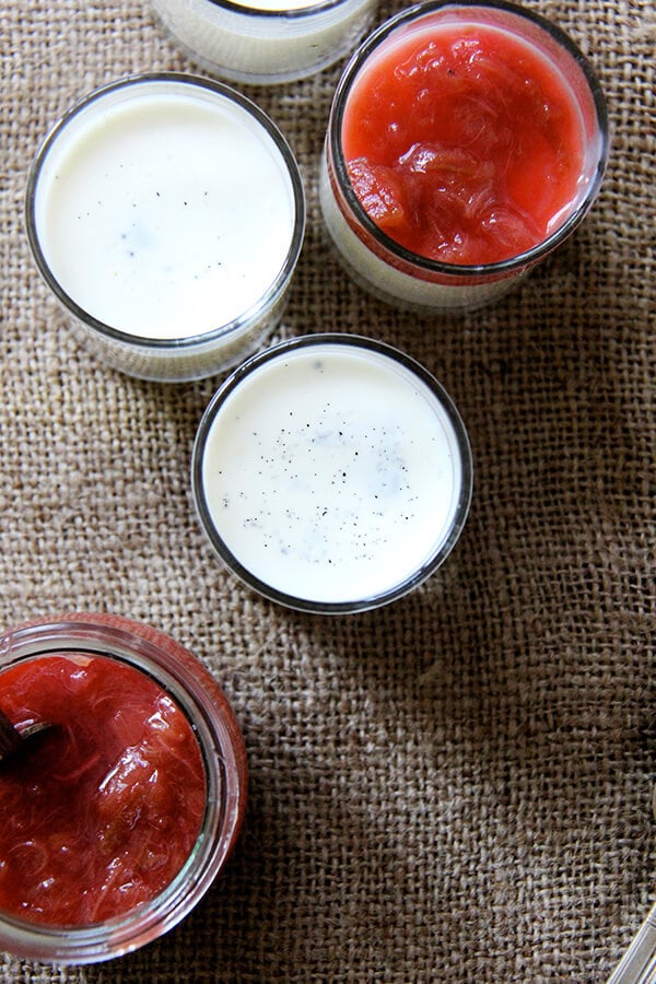 Overhead shot of buttermilk panna cotta topped with rhubarb compote. 