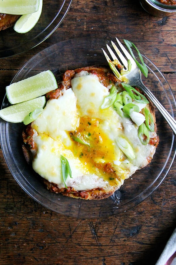 huevos rancheros with blistered salsa roja