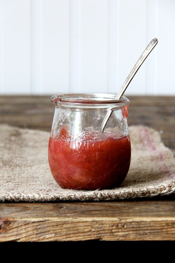 Rhubarb compote with a spoon. 