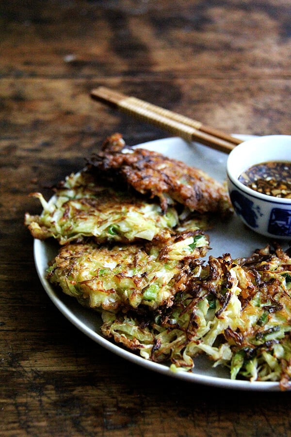 A platter of okonomiyaki. 