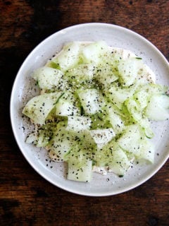 This cucumber salad with tahini-yogurt sauce essentially is a no-cook meal, a refreshing salad to make good use of those cool summer cucs, which might just be arriving in droves. I serve it along side broiled slices of ciabatta. Yum. // alexandracooks.com