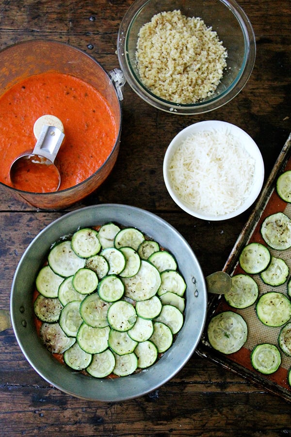 assembling the zucchini parm