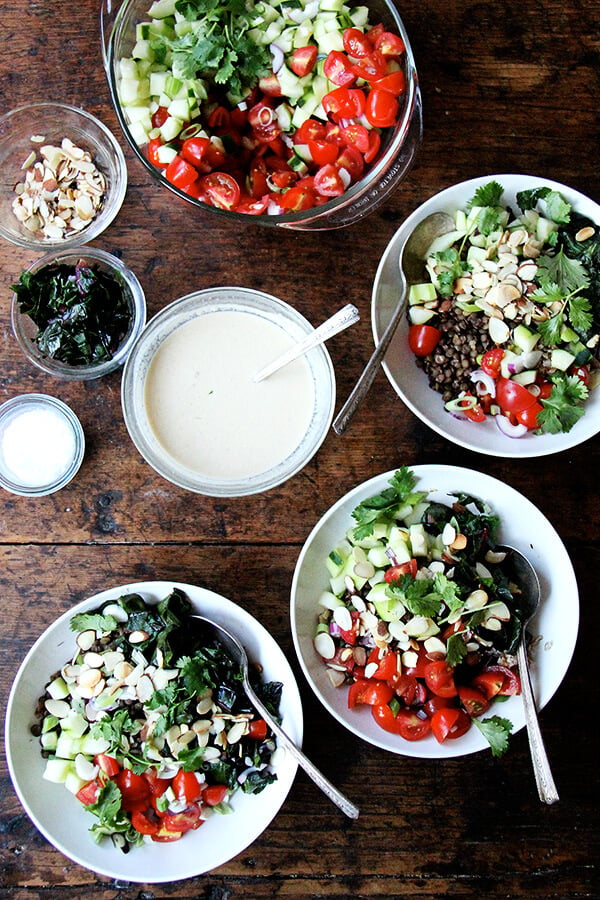 dinnerI can't seem to get enough of this bulgar bowl: a mix of bulgur and lentils, chopped cucumbers and tomatoes, toasted almonds, cilantro, and a lemon-tahini dressing. When you have some of the components prepared ahead of time, the assembly happens quickly! // alexandracooks.com