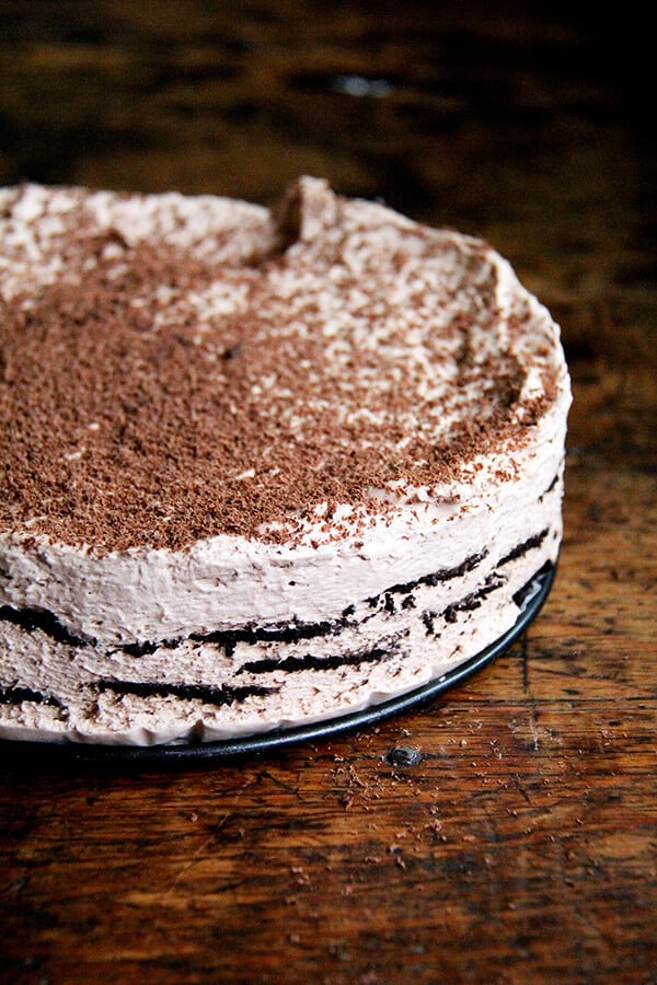 This chocolate-espresso icebox cake takes all of 20 minutes to throw together, will receive rave reviews from your guests, and you will find too irresistible, impossible, in fact, not to sneak a little spoonful of every time you open the fridge. // alexandracooks.com