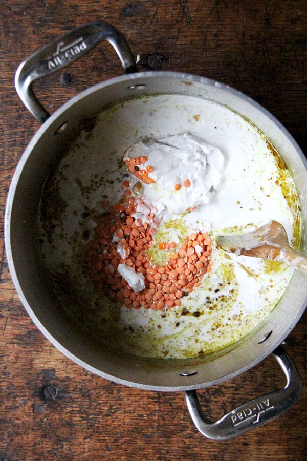 adding the lentils and coconut milk