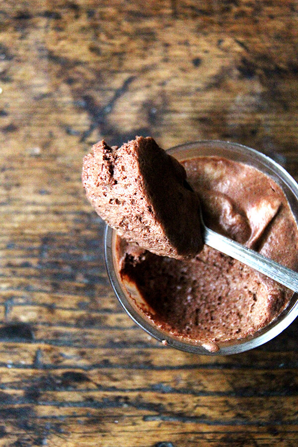 A spoonful of vegan chocolate mousse made with homemade aquafaba.