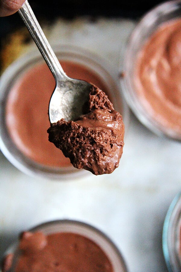 A spoonful of vegan chocolate mousse made with whipped aquafaba.