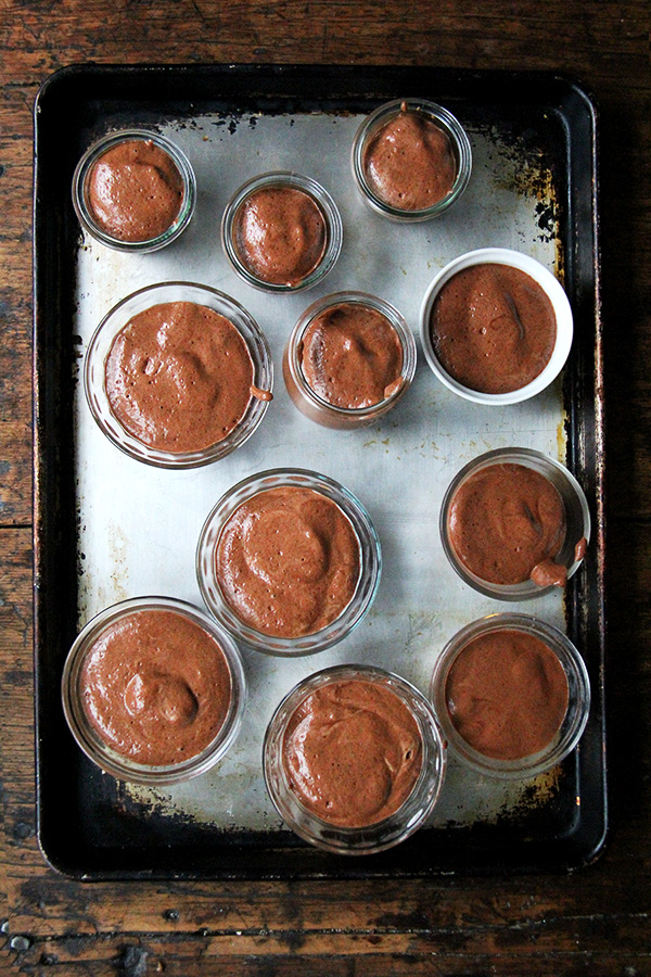 A tray of vegan chocolate mousse made with whipped aquafaba. 