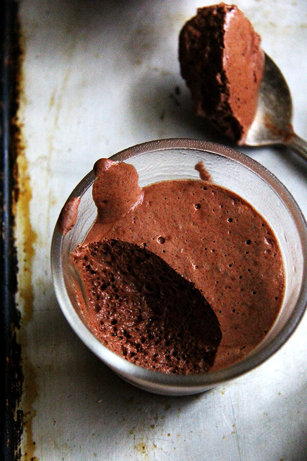 A spoonful of vegan chocolate mousse made with whipped aquafaba.