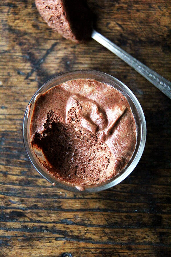 A bowl of homemade vegan chocolate mousse made with whipped aquafaba.