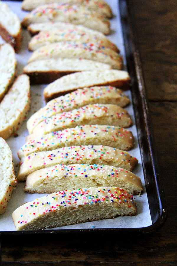 The loaves of this mandel bread with marzipan and sea salt are coated with sprinkles or pearl sugar AND sea salt just before baking, which makes them particularly addictive, and the inclusion of marzipan creates pockets of intense almond flavor and a lovely softness throughout // alexandracooks.com