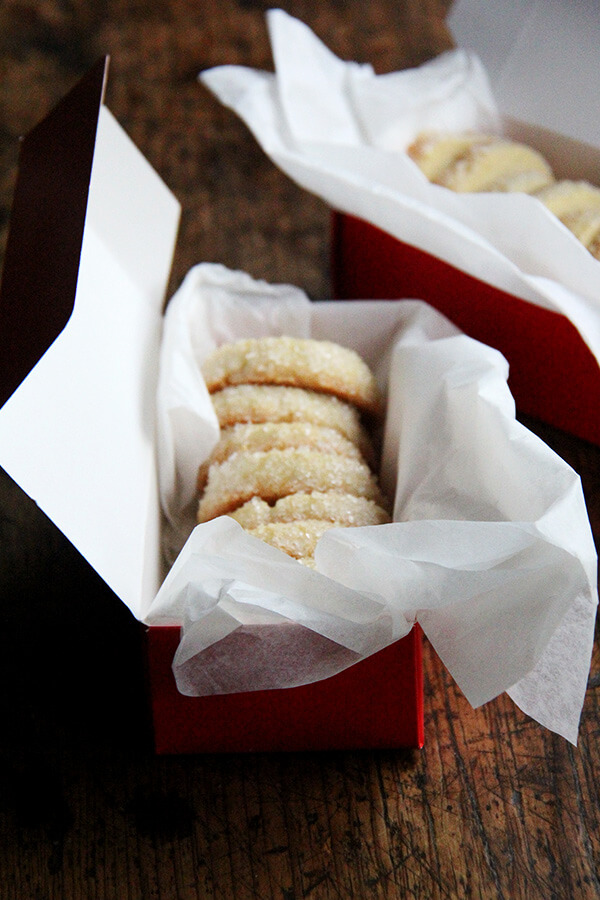 Boxes of vanilla bean sablé cookies.