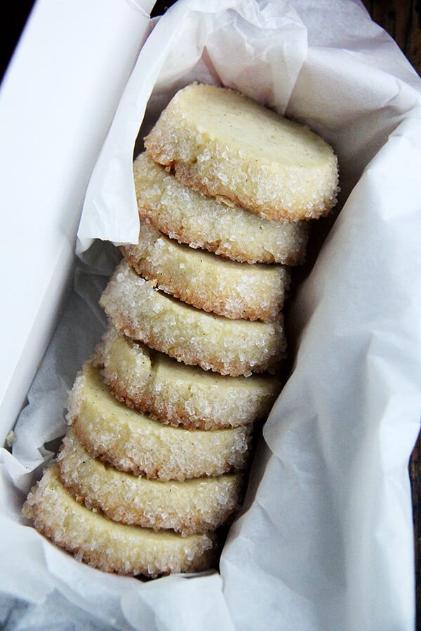 A box of sugar-crusted vanilla bean sables.