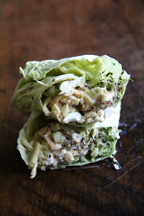 I love the addition of grapes, apples, nuts, and dried fruit in this curried apple and egg salad — bits of crunch punctuating the creaminess, sweet counterpoints to the tangy dressings. The lemony dressing is made with Greek yogurt and grainy mustard, and although there is no mayonnaise, the salad does not suffer. It's light, fresh, and completely satisfying. // alexandracooks.com