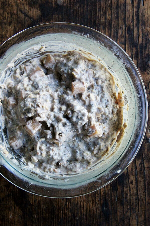 These apple pie overnight oats are a mix of rolled oats, almond milk, yogurt, chia seeds, and cubes of apples quickly sautéed with cinnamon and maple syrup. You mix it up at night (or 4 hours before you wish to eat them), and in the morning you awake to a hearty and completely delicious breakfast. It's a miracle. // alexandracooks.com