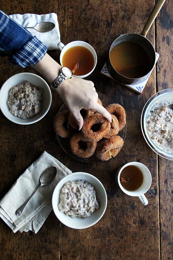 These apple pie overnight oats are a mix of rolled oats, almond milk, yogurt, chia seeds, and cubes of apples quickly sautéed with cinnamon and maple syrup. You mix it up at night (or 4 hours before you wish to eat them), and in the morning you awake to a hearty and completely delicious breakfast. It's a miracle. // alexandracooks.com