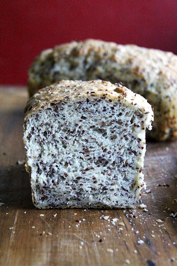 quinoa and flax bread, halved
