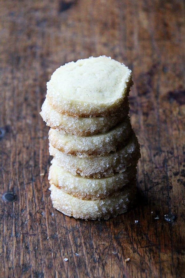 A stack of vanilla bean sablé cookies.