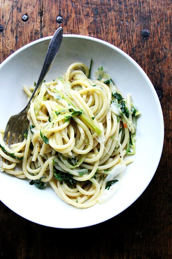 One-pot bucatini with leeks and lemon. 