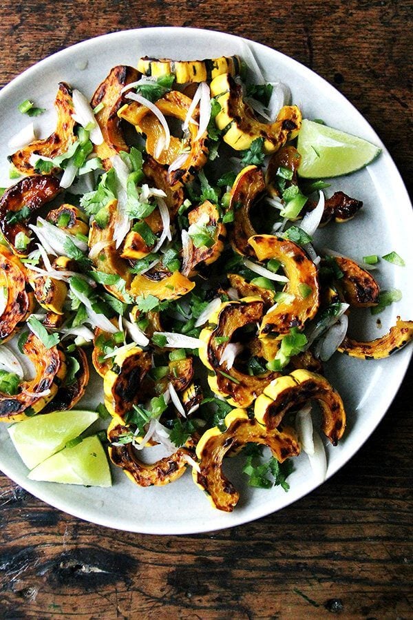 Roasted delicata squash with chilies, lime, and cilantro.