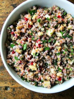 This fall tabbouleh is so refreshing and includes pomegranates, apple, and walnuts. What's more, no cooking is required — bulgur simply needs to be soaked in cold water for about an hour. // alexandracooks.com