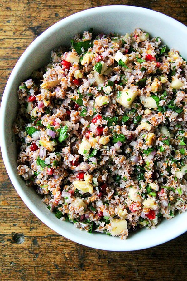 This fall tabbouleh is so refreshing and includes pomegranates, apple, and walnuts. What's more, no cooking is required — bulgur simply needs to be soaked in cold water for about an hour. // alexandracooks.com