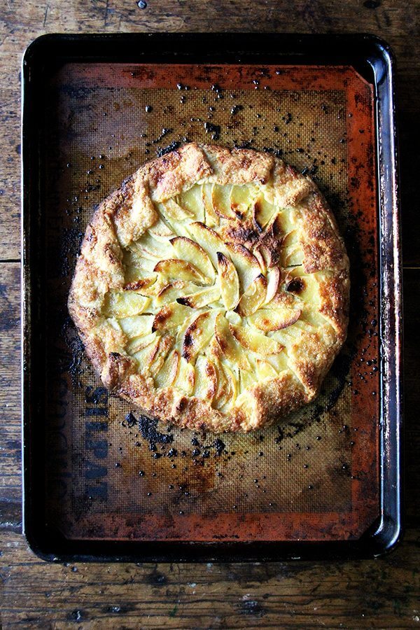 Just baked apple-frangipane galette on a sheet pan. 