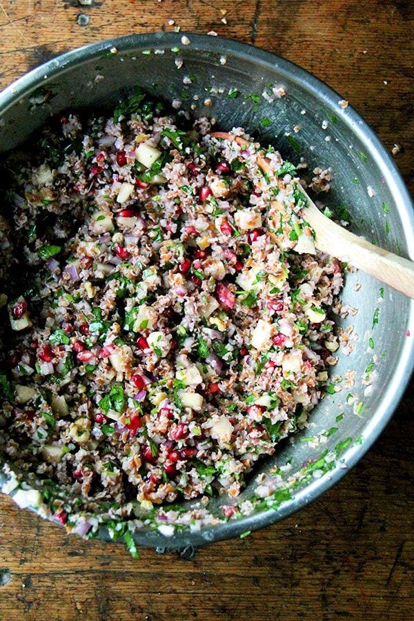 This fall tabbouleh is so refreshing and includes pomegranates, apple, and walnuts. What's more, no cooking is required — bulgur simply needs to be soaked in cold water for about an hour. // alexandracooks.com