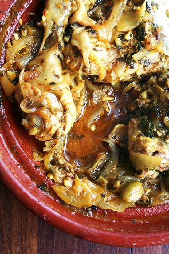 This chicken with preserved lemons and green olives, I can assure you, is plenty flavorful and colorful, too: the various spices in the ras-el-hanout, most likely the turmeric and paprika, imbue the dish with an inviting and appetizing yellow hue throughout. // alexandracooks.com