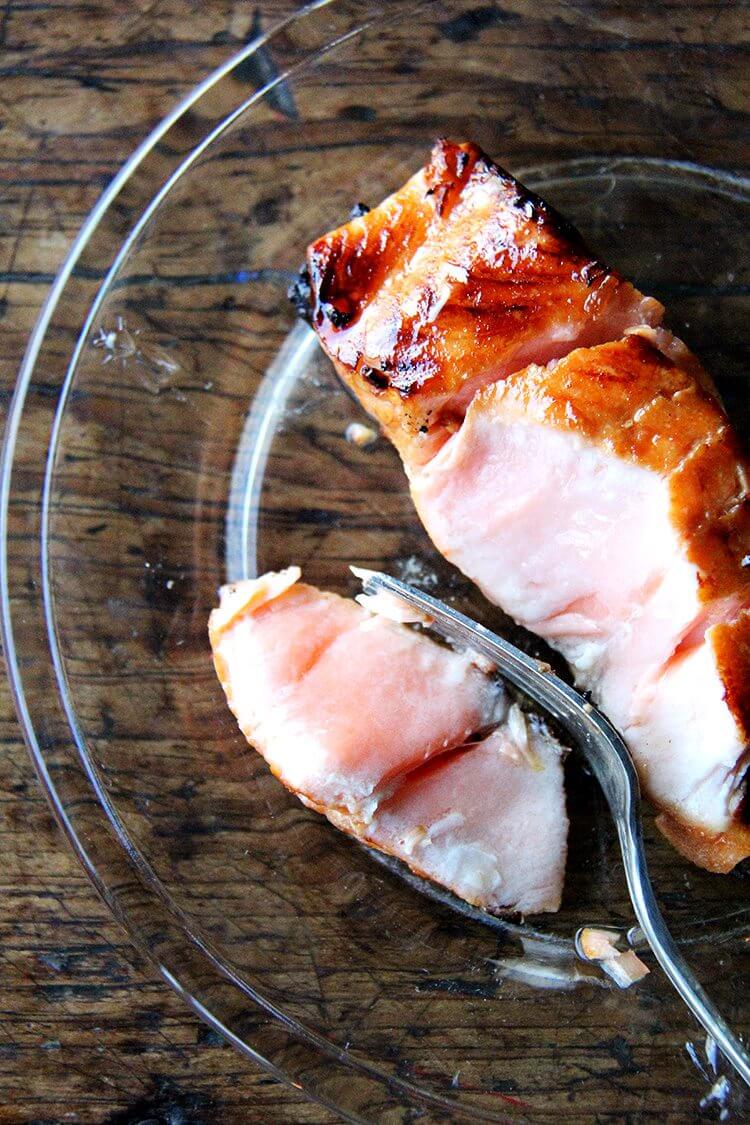 A plate of broiled ginger-soy salmon.