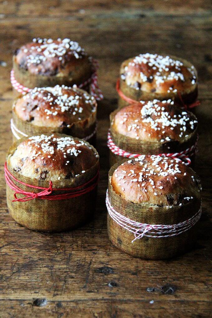 6 mini chocolate studded panettone breads in their paper moulds wrapped with baker's twine.