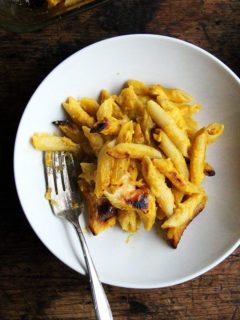 A bowl of baked penne with butternut-sage sauce.