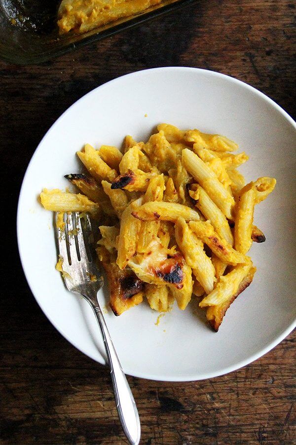 A bowl of baked penne with butternut-sage sauce.